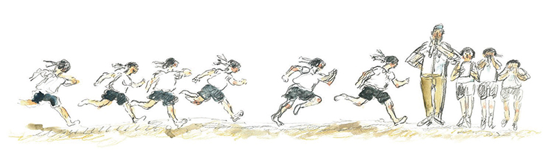 第１展示室にあるイラストレーター・作家の三田圭介さんのイラスト。女学生の学校生活を生き生きと描いている